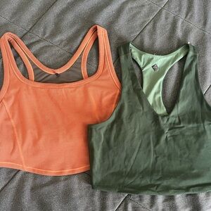 Orange Ribbed Crop Tank & Dark Green Racerback Crop Top